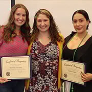 Lisa Galasso-Werner ’08, M.S. ’13, MBA ’13, posing with Victoria Corcoran ’26 and Andrea Lopez ’25